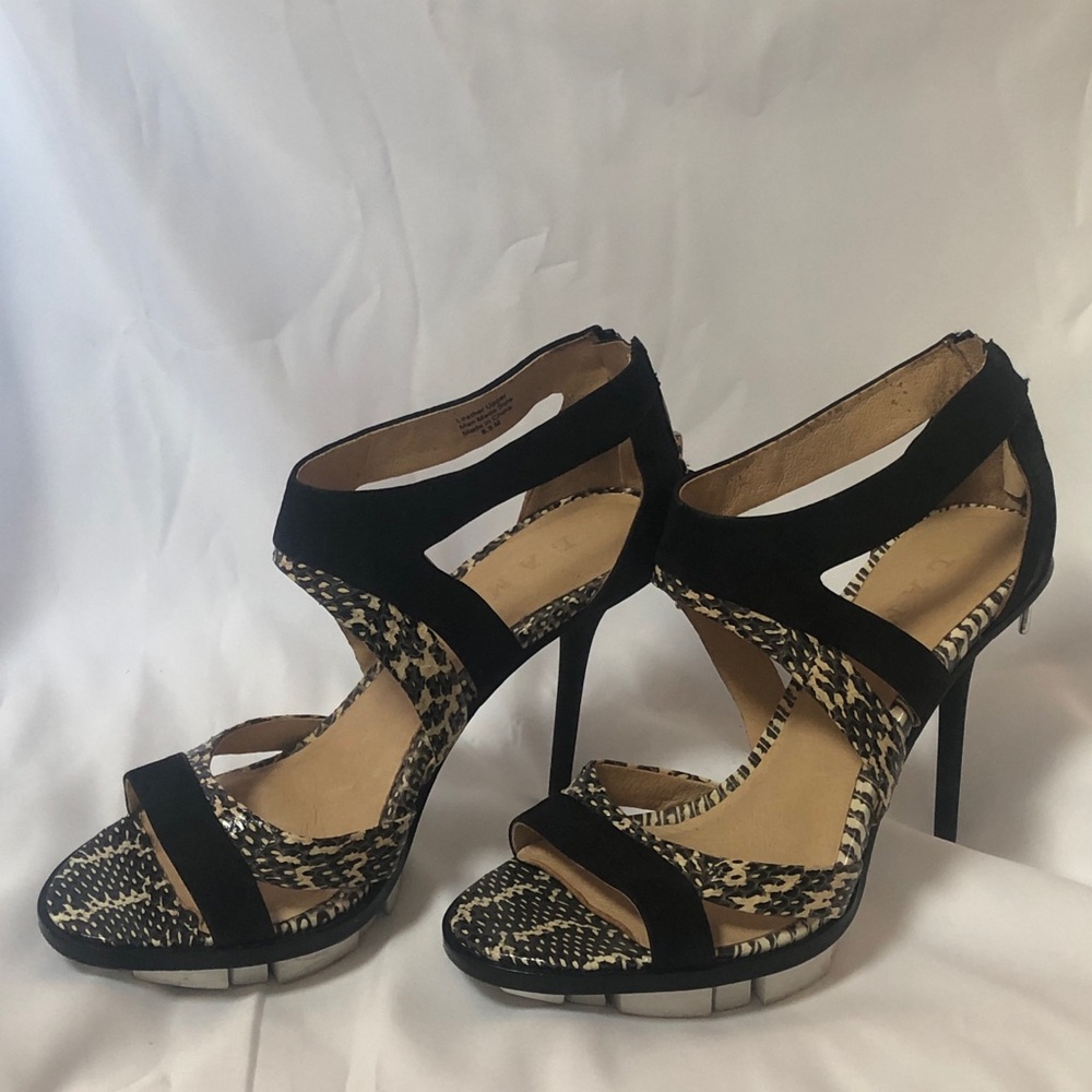 L.A.M.B Black, White, and Gray Heels